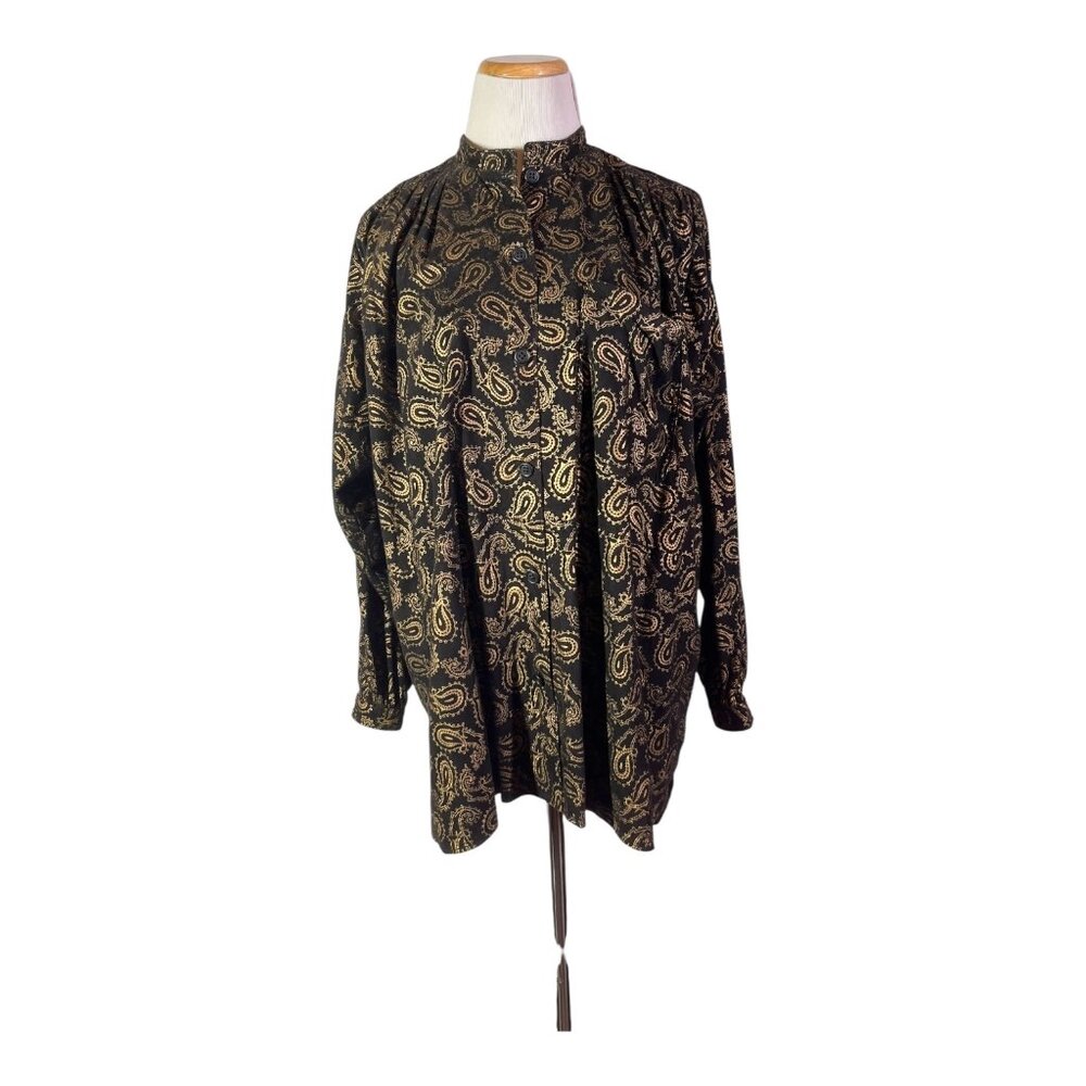 Vintage Alicia Herrerra Size 6 Button-Front Black Gold Paisley Shirt Nubuck